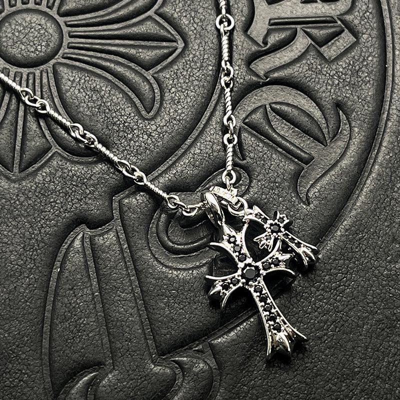 Punk hip-hop Thai silver plated 22K white gold double cross color diamond necklace sweater chain