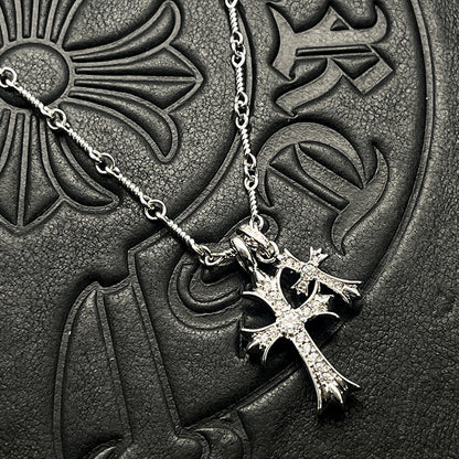 Punk hip-hop Thai silver plated 22K white gold double cross color diamond necklace sweater chain