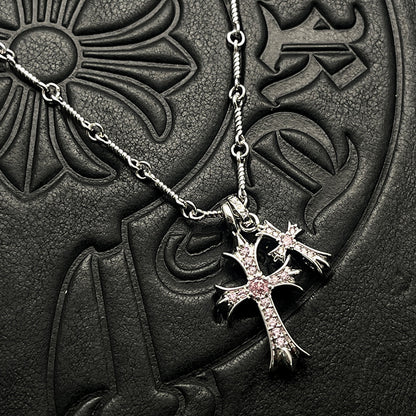 Punk hip-hop Thai silver plated 22K white gold double cross color diamond necklace sweater chain