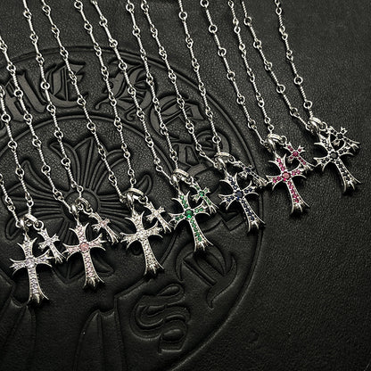 Punk hip-hop Thai silver plated 22K white gold double cross color diamond necklace sweater chain