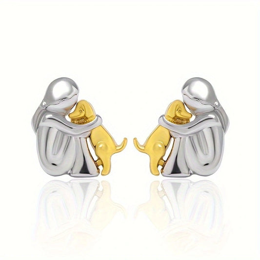 A little girl and a dog embrace earrings